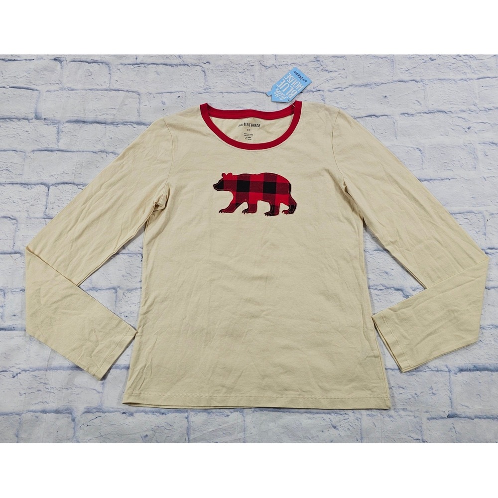 Little Blue House Graphic Tee Womens S Cream Buffalo Plaid Bear Long Sleeve Top
